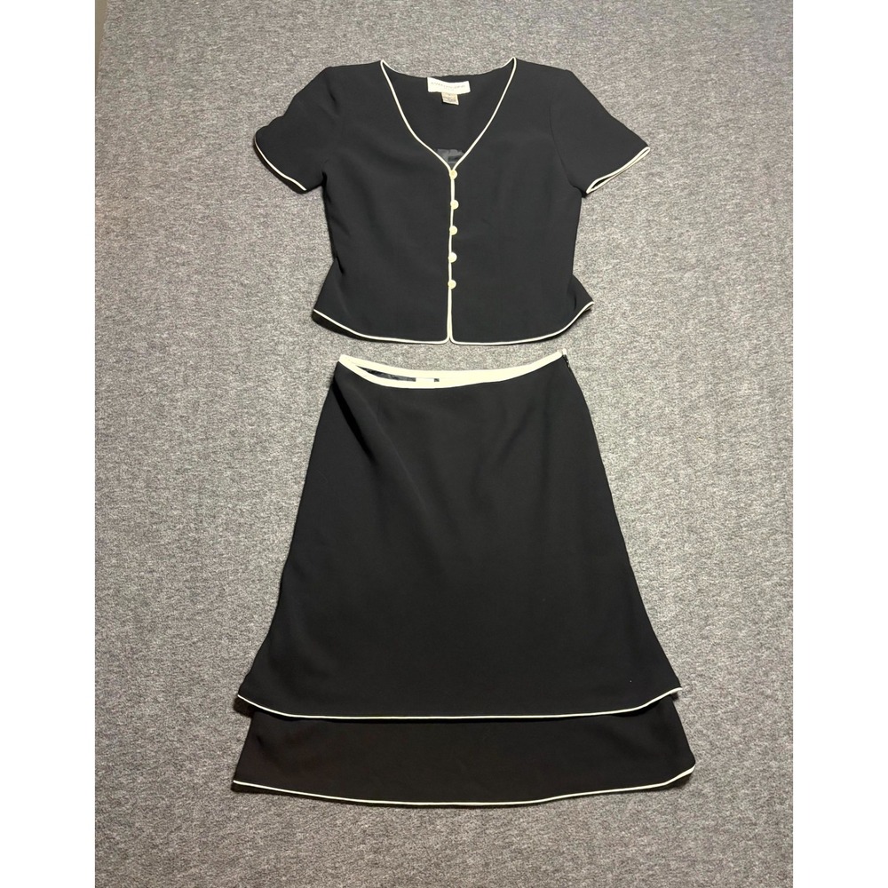 Evan Picone 2 Piece Skirt Suit Set Womens 4 Black Lined Contrast Piping V Neck